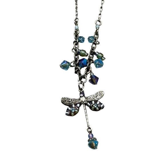 Dragonfly Pendant Necklace With Iridescent Beads On Silver Chain Firefly Jewelry - Picture 8 of 14
